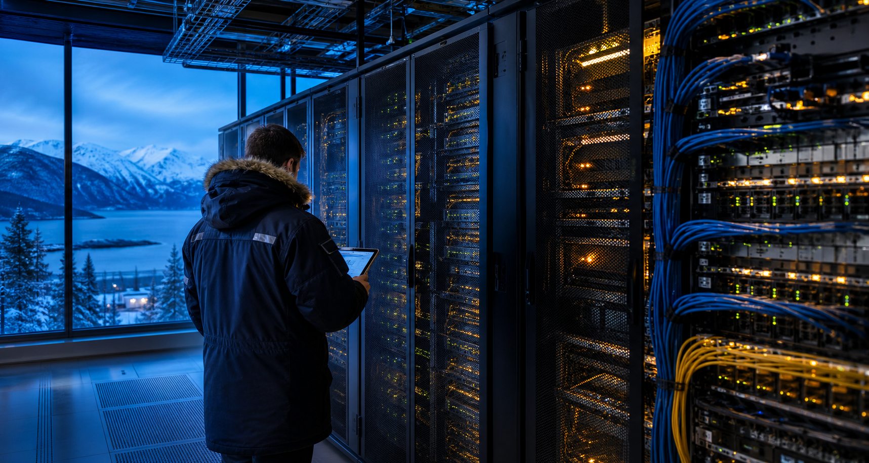 Technician working in a modern data center